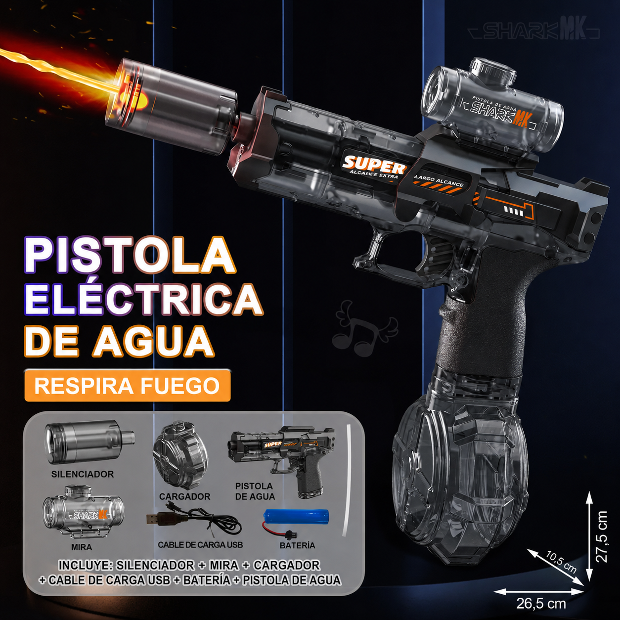 pistola de agua electrica con silenciador led y mirilla